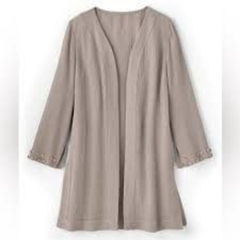Soft Surroundings Crinkle Duster Cardigan Taupe Open Front Button Cuff Sz S